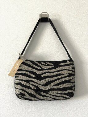 Studio 12 Luxury Hand-Beaded Zebra Shoulder Bag Black India NWT